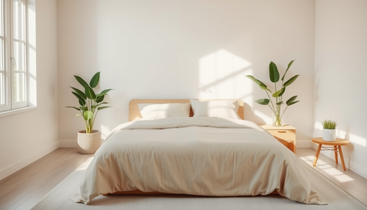 skandi bed room, naturel bed linen, green plants